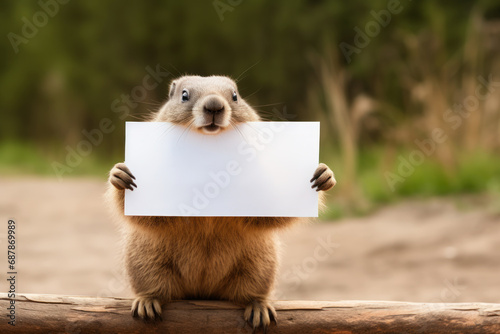 Funny baby groundhog holding a blank poster. Copy space for your text photo