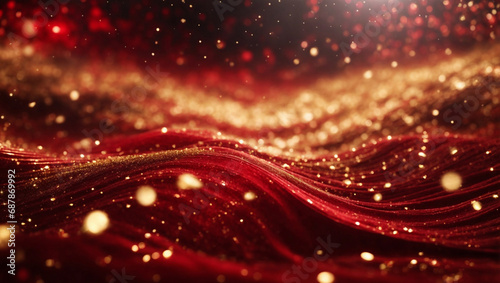 Sfondo digitale astratto con particelle e luci colorate di rosso e oro