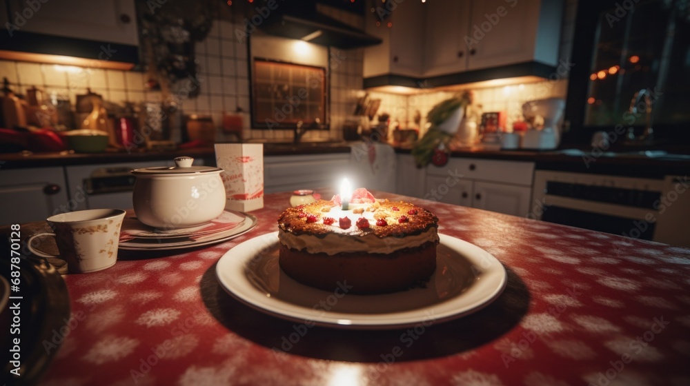 A birthday cake with lit candles on a table