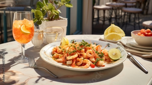 A white plate topped with shrimp next to a glass of wine