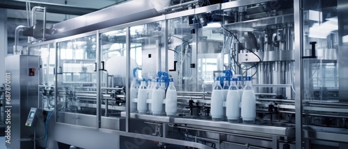 Industrial automated machinery bottling milk in dairy factory. Food industry and technology.