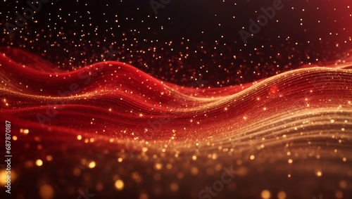 Sfondo digitale astratto con particelle e luci colorate di rosso e oro photo