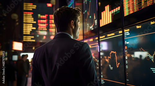 Young businessman looking at financial quotes on a monitor, Young businessman is analyzing stocks for investment on the stock market.