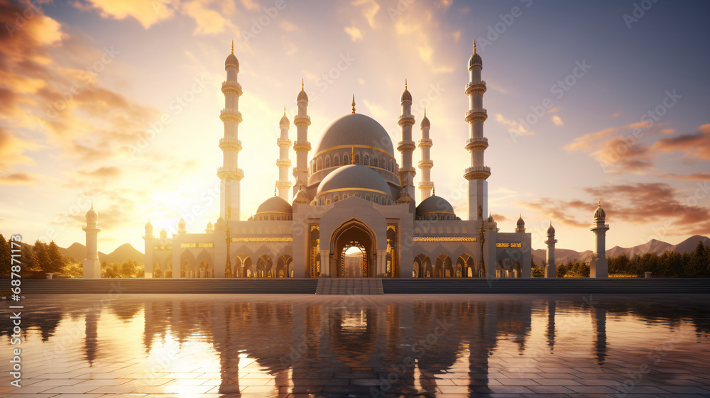 Majestic mosque silhouette with minarets against a golden hour sky, reflecting over tranquil waters, embodying peace and architectural beauty.