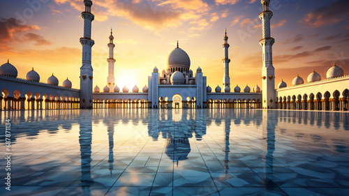 Majestic mosque silhouette with minarets against a golden hour sky, reflecting over tranquil waters, embodying peace and architectural beauty.