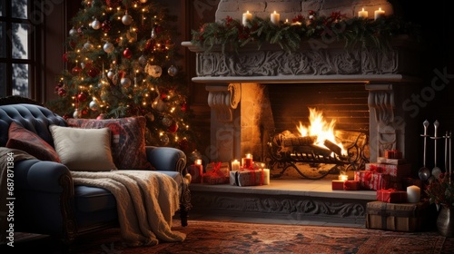 Christmas interior of a large cozy house with a Christmas tree and a fireplace  AI
