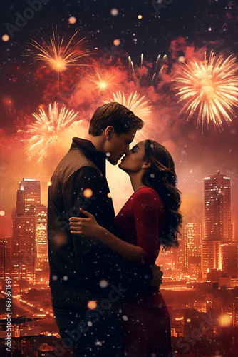 A loving couple shares a passionate kiss in the heart of an evening street beneath a fireworks