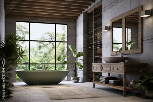 Bathroom interior design with white tub, wooden floor, mirror and sink. Created with Ai