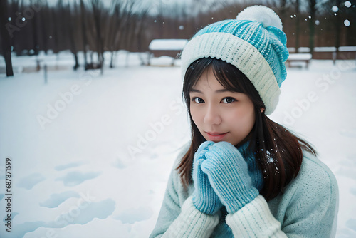 ニット帽をかぶった雪の中の女性