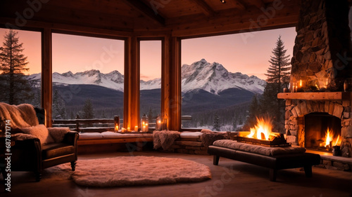 typical cozy interior of a winter mountain cabin with crackling fireplace and rustic furnishings