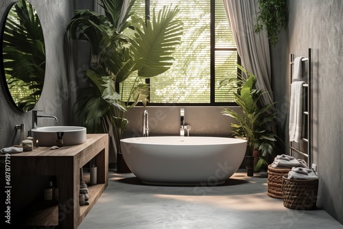 Bathroom interior design with white bathtub  round mirror  white sink and plants. Created with Ai