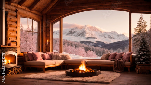 typical cozy interior of a winter mountain cabin with crackling fireplace and rustic furnishings