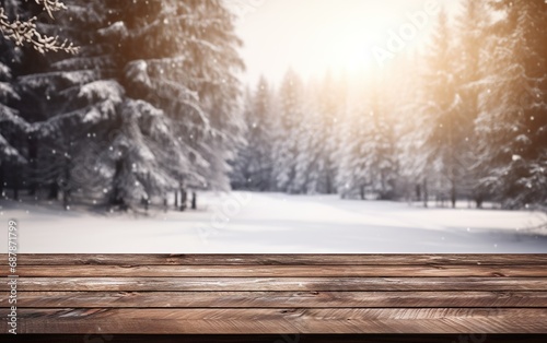 Empty wooden floor or table, display with winter theme background. Beautiful snowy forest landscape.