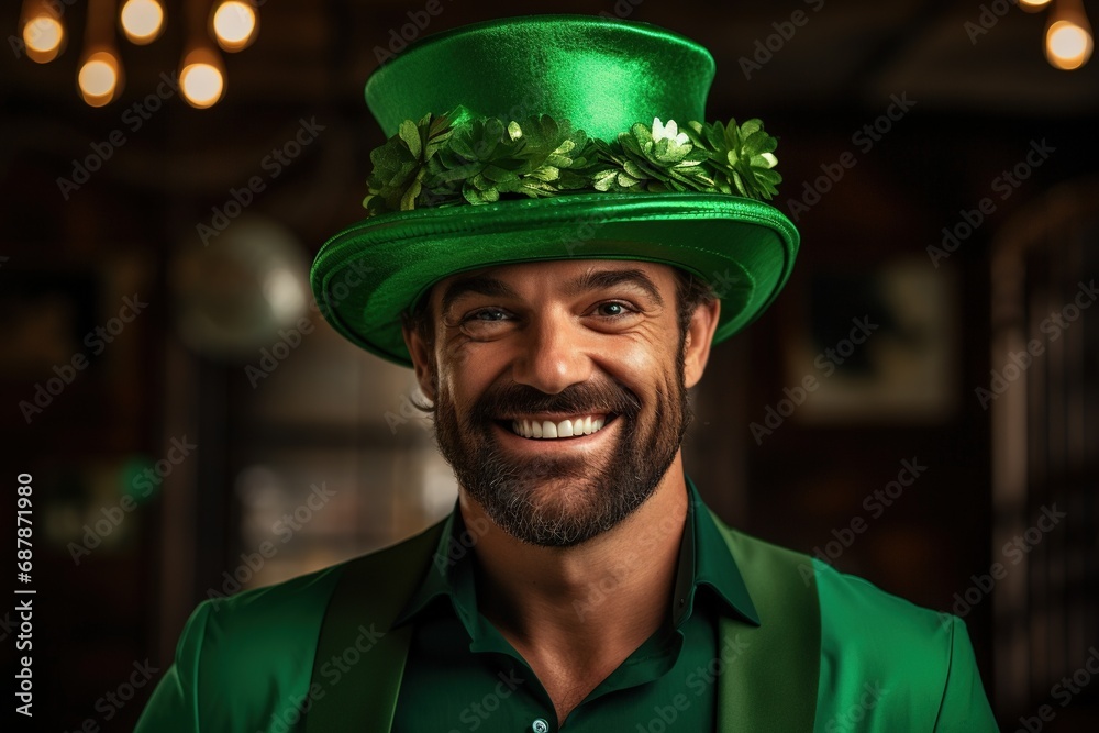 Portrait of a happy leprechaun with clover leaves. St. Patrick's Day. Portrait of a happy leprechaun with clover leaves. St. Patrick's Day.