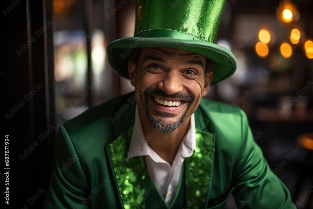 Portrait of a happy leprechaun with clover leaves. St. Patrick's Day.