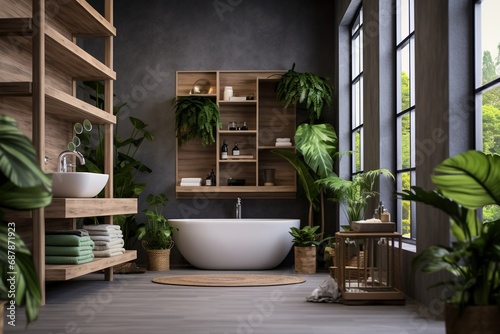 Stylish interior of modern bathroom with grey walls  shelf  bathtub  sink and plant. Created with Ai