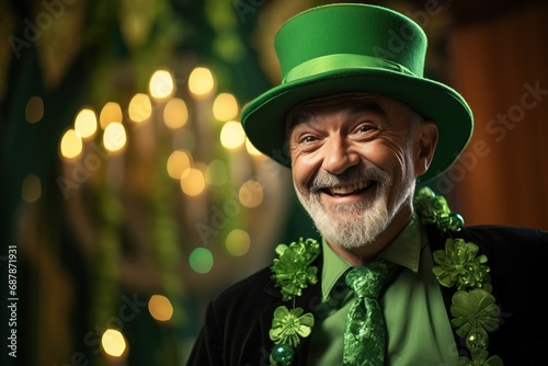 Portrait of a happy leprechaun with clover leaves. St. Patrick's Day.