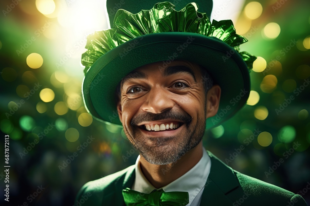 Portrait of a happy leprechaun with clover leaves. St. Patrick's Day. Portrait of a happy leprechaun with clover leaves. St. Patrick's Day.