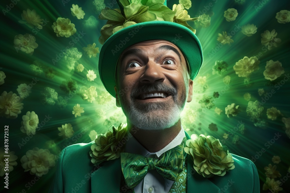 Portrait of a happy leprechaun with clover leaves. St. Patrick's Day. Portrait of a happy leprechaun with clover leaves. St. Patrick's Day.