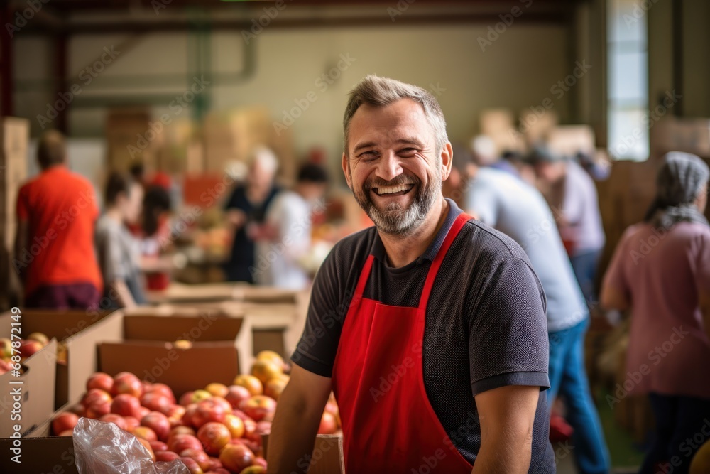 Fototapeta premium Happy volunteer looking at food donation box separating donations stuffs. Group of people working in charitable foundation.