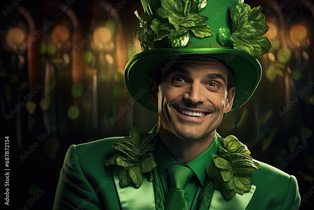 Portrait of a happy leprechaun with clover leaves. St. Patrick's Day. Portrait of a happy leprechaun with clover leaves. St. Patrick's Day.