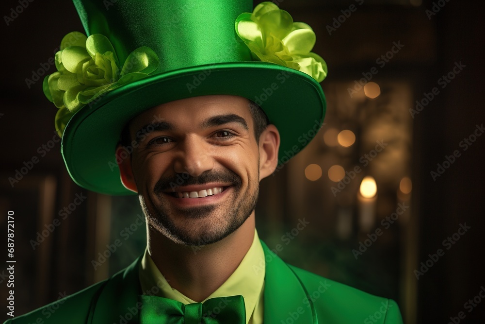Portrait of a happy leprechaun with clover leaves. St. Patrick's Day. Portrait of a happy leprechaun with clover leaves. St. Patrick's Day.