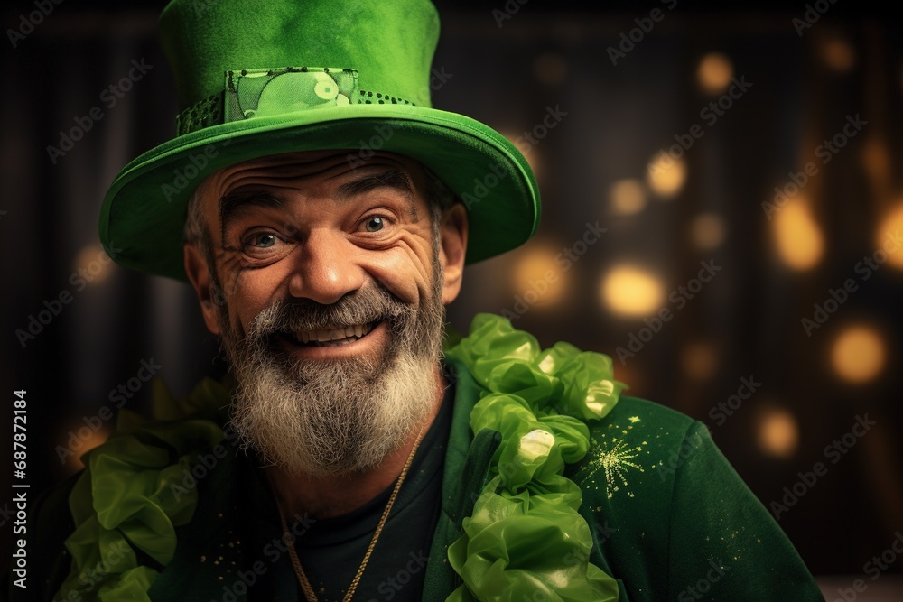 Portrait of a happy leprechaun with clover leaves. St. Patrick's Day. Portrait of a happy leprechaun with clover leaves. St. Patrick's Day.