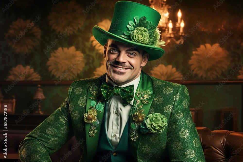 Portrait of a happy leprechaun with clover leaves. St. Patrick's Day. Portrait of a happy leprechaun with clover leaves. St. Patrick's Day.