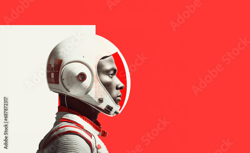 African American astronaut with minimalistic graphics stale. Red, white and black background. Ai generated image photo