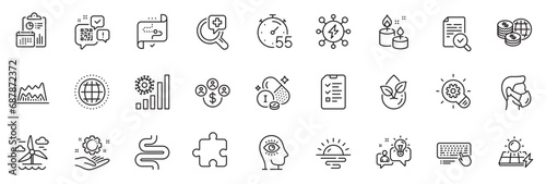 Icons pack as Organic product, Qr code and Windmill line icons for app include Coronavirus statistics, Intestine, Power outline thin icon web set. Medical analyzes, World money. Vector