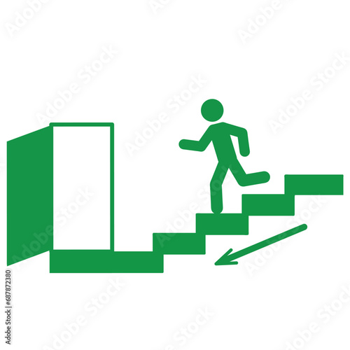 go down the stairs, flat emergency exit sign, man running down the stairs to the emergency exit, evacuation