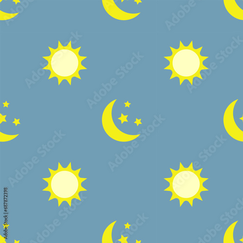 Sun and moon, seamless pattern, vector. Yellow sun and moon with stars on a blue background.