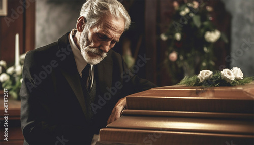 Senior man standing sad by coffin. Sad elderly grandpa grieves on funeral. Lonely widower. Funeral, death and coffin in church or Christian family gathering together for support. Religion, sad people 