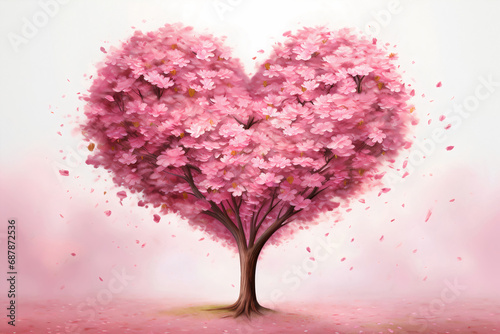 Pink lonely spring heart shape tree landscape, spring valentine day © Denira