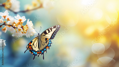 Banner with butterfly and blooming trees, blurred spring