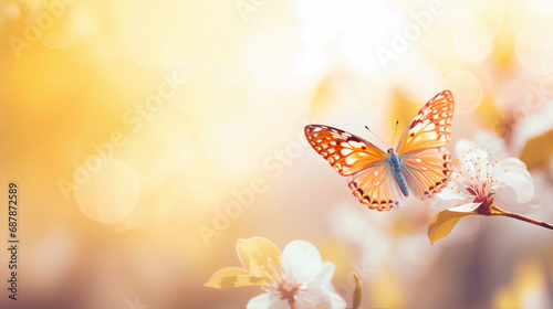 Banner with butterfly and blooming trees, blurred spring