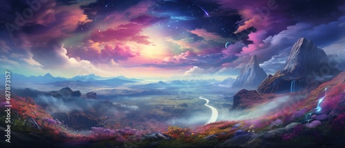 Fantasy landscape with majestic mountains and vibrant skies. Imagination and creativity. © Postproduction