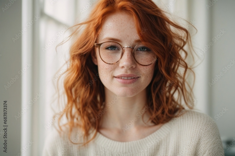 Close up of happy pretty redhead young woman with wavy hair and freckles wearing glasses and a white sweatshirt on the background of a bright interior. Close up of happy pretty redhead young woman with wavy hair and freckles wearing glasses and a white sweatshirt on the background of a bright interior.