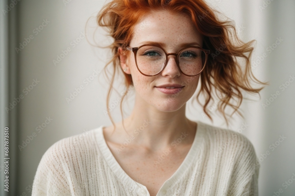 Close up of happy pretty redhead young woman with wavy hair and freckles wearing glasses and a white sweatshirt on the background of a bright interior. Close up of happy pretty redhead young woman with wavy hair and freckles wearing glasses and a white sweatshirt on the background of a bright interior.