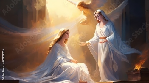 Woman with long hair on knees with stretched to holy hands receives annunciation of Blessed Virgin Mary. Annunciation of Blessed Virgin Mary gives strength to young woman kneels asking for help photo