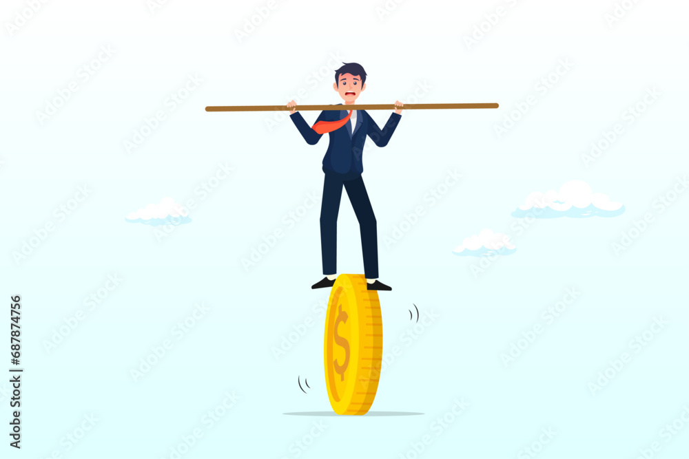 Businessman balancing not to fail from walking on golden coin, financial and business risk, banking loan and debt risk, stability or balance of economics and investment or risk for losing job (Vector)