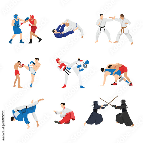 Set of flat icons fighters of various martial arts in uniform with weapon. Flat vector illustration isolated on white background