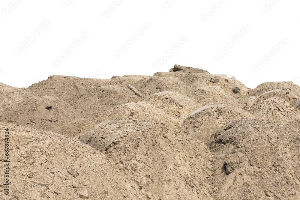Construction site with heaps of sand. Pile of sand on an isolated white background. Transparent background. PNG. copy space. Construction site with heaps of sand. Pile of sand on an isolated white background. Transparent background. PNG. copy space.