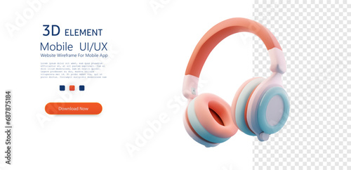 Stylish Pastel Colored Headphones with Soft Ear Cushions and Transparent Background. 3D Wireless headphones for listening to games and music. Vector illustration