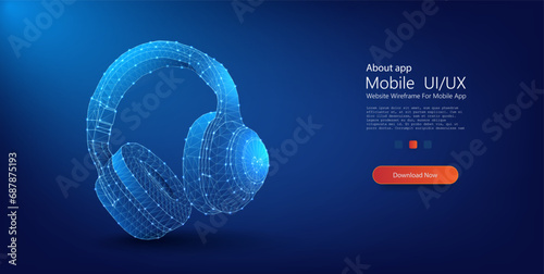 Futuristic 3D Wireframe Headphones Illustration on a Dynamic Blue Background. Wireframe light connection structure. Vector illustration
