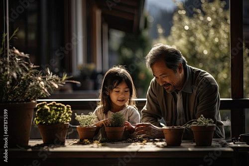 The multi-generational family enjoys spending time together repotting and caring for plants.