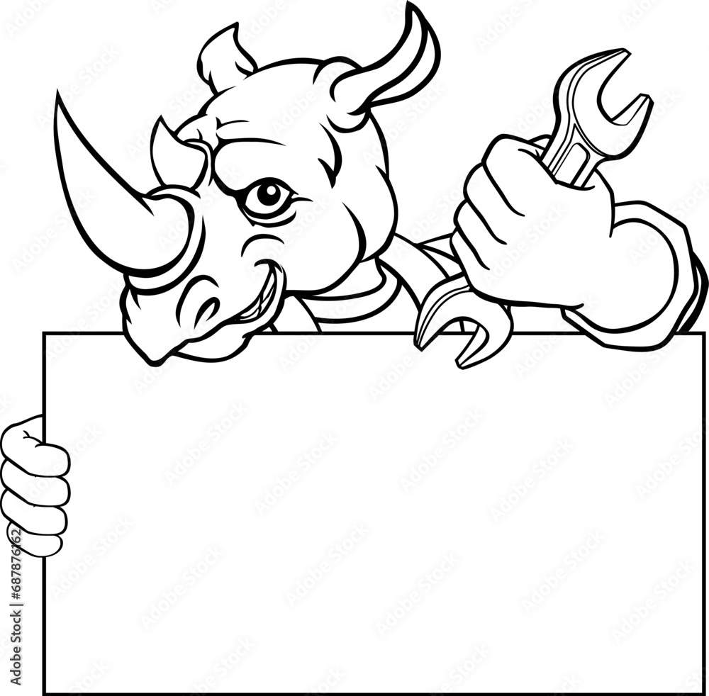 A rhino handyman, mechanic, plumber or other construction cartoon mascot man holding a wrench or spanner tool.
