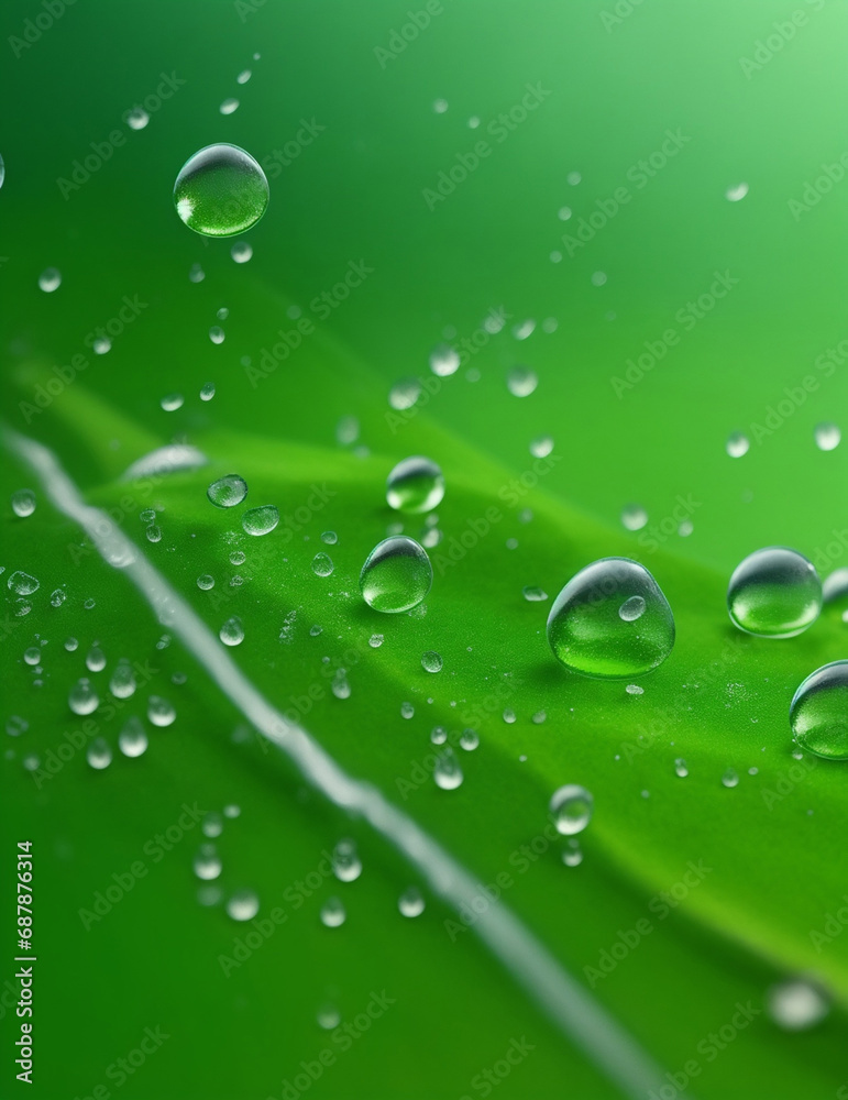 Macro shot, rainwater droplets and water waves on leaf. green background and blurred. generative ai