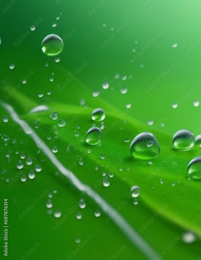 Macro shot, rainwater droplets and water waves on leaf. green background and blurred. generative ai Macro shot, rainwater droplets and water waves on leaf. green background and blurred. generative ai