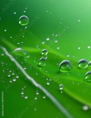 Macro shot, rainwater droplets and water waves on leaf. green background and blurred. generative ai